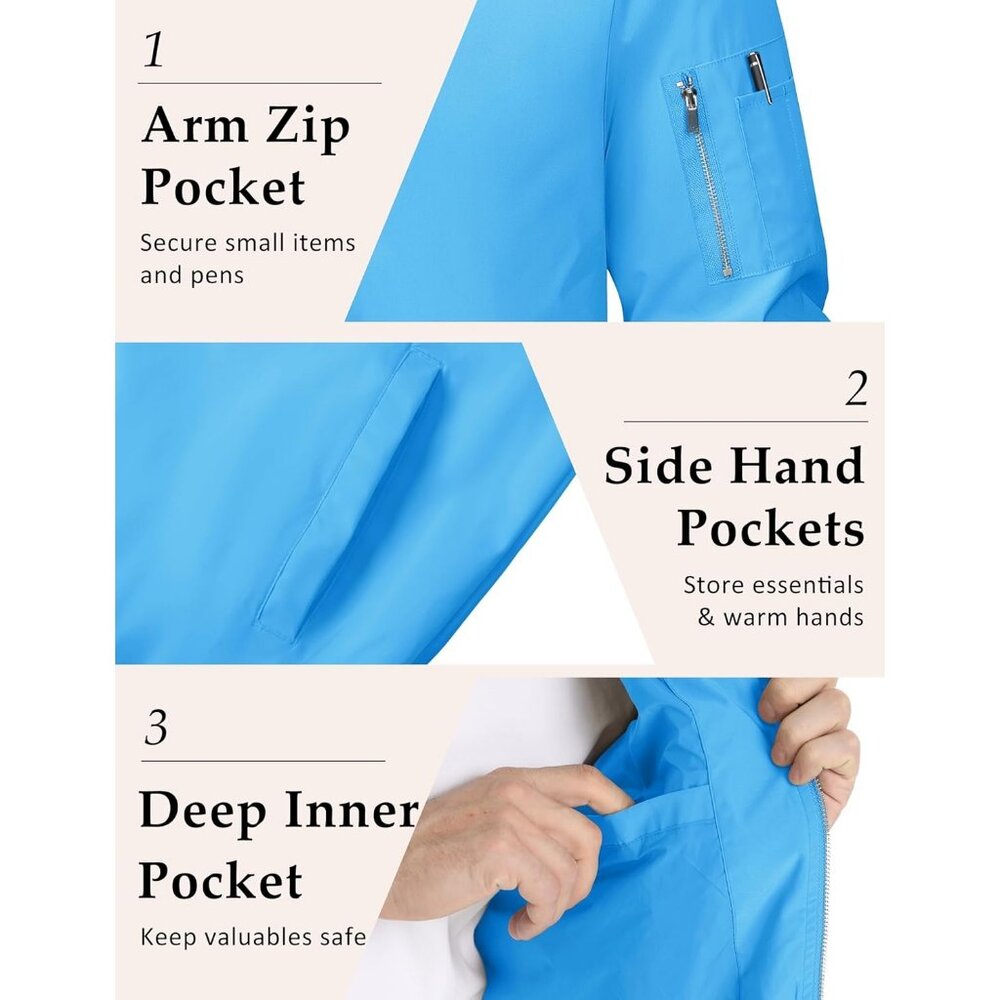 Men's #01 Ice Blue Bomber Jacket Coats Casual Zip Pocket Outwear 5 Pockets - Picture 5 of 6
